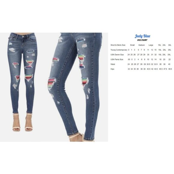 Judy Blue Skinny Fit Jeans Size 15/32 Distressed Mariah Serape Rainbow Patch - Picture 12 of 13